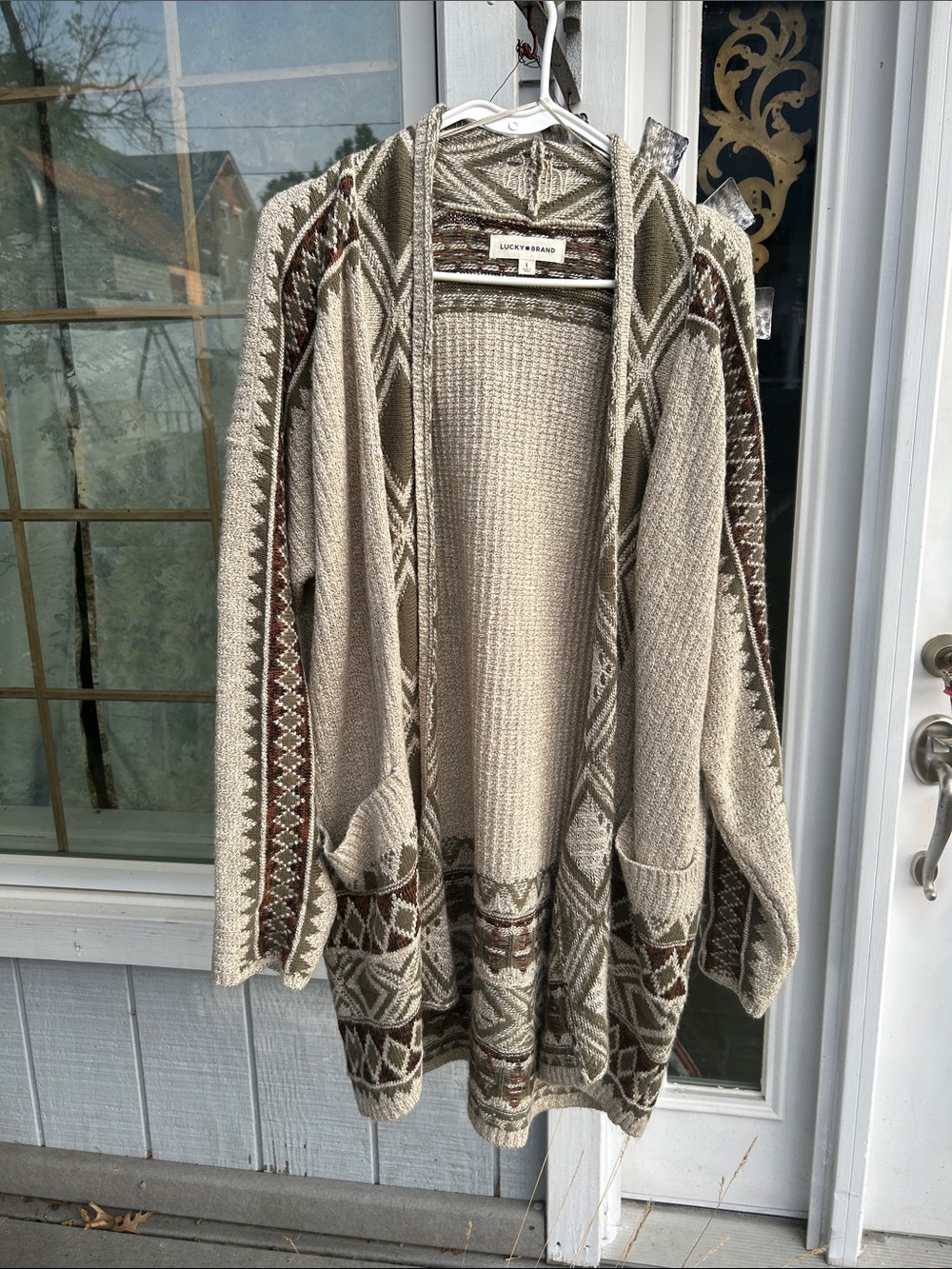 Lucky Brand Cream and Brown Cardigan with open front.
